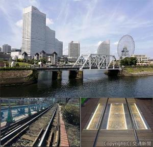 ㊤旧臨港線を活用した「汽車道」の全景 ㊦㊧改修工事中に露出したレールやマクラギ ㊦㊨鉄道遺構展示施設（夜間のライトアップ時）＝横浜市提供＝