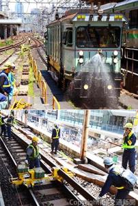 ㊤レール削正車による作業の様子＝東京駅＝ ㊦けん引式レール交換機を使ったレール交換作業＝上野駅＝