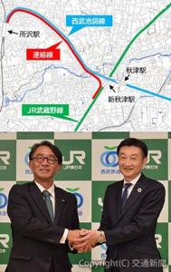 ㊤直通運転の運行プラン（JR東日本提供）㊦共同会見を行った喜㔟社長（左）と小川社長