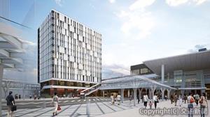 万代広場側から見たオフィス棟の外観イメージ（ＪＲ東日本新潟支社提供） 