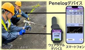 ウエアラブル端末とスマートフォンで構成するＰｅｎｅｌｏｇデバイス（鉄道総研提供）
