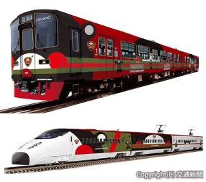 「くまモン」をラッピングした㊤キハ２００形㊦九州新幹線８００系のイメージ（いずれもＪＲ九州提供）