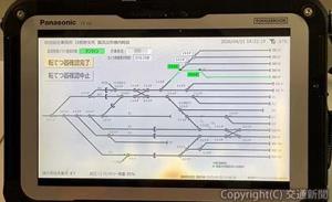 手動転てつ器の遠隔操作システムでは、現地に赴かずにタブレット上で全てを行う。写真は進路構成確認の画面（ＪＲ西日本提供）