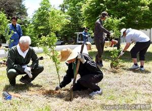 約60人が参加した岡山備前の森林の植樹の様子