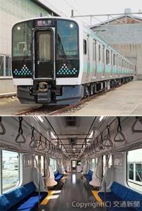 新型車両Ｅ１３１系の㊤外観㊦車内（ＪＲ東日本長野支社提供）