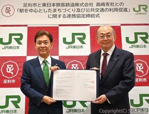 第２期の連携協定を締結した樋口支社長（右）と早川市長（ＪＲ高崎支社提供）