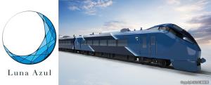 ㊧青い月を表現したロゴマーク㊨「ルナ・アズール」の１号車外観イメージ（ＪＲ東日本提供） 