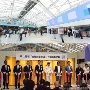 ㊤キャンバスのような空間に生まれ変わったグランドコンコース ㊦共創始動式典に出席した喜㔟社長（左端）ら（ＪＲ東日本提供）