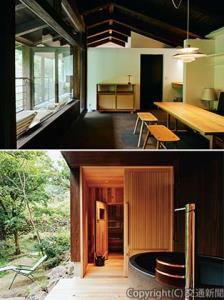 ㊤奥多摩の自然を望むリビング㊦滞在中いつでも利用できる専用サウナ ©︎Daisuke Takashige（沿線まるごと提供）