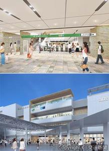㊤橋上駅舎に設けられる西改札㊦新北口歩行者デッキから望む「アトレ中野」のイメージ（ＪＲ東日本提供）