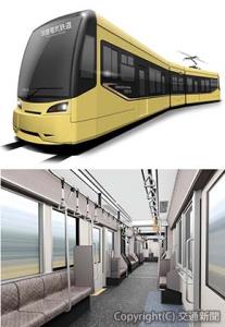 新型車両７０００形の㊤外観㊦車内イメージ（西日本鉄道提供） 