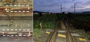 ㊧九州新幹線新八代駅構内で起きたレール破断。50㌢以上の開口が生じた㊨鹿児島線松橋―小川間で生じたレール歪み（ＪＲ九州提供）