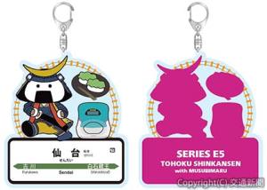 各県で親しまれるキャラクターとＥ５系、Ｅ６系、Ｅ８系駅名標キーホルダーのイメージ（ＪＲ東日本東北総合サービス提供）