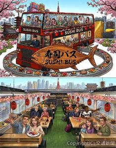 ㊤「ＳＵＳＨＩ　ＢＵＳ」のイメージイラスト㊦２階席のイメージ（スシバス提供） 