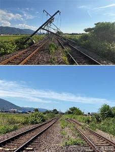 鹿児島線松橋―小川間の損傷した電柱などの㊤撤去前㊦撤去後（ＪＲ九州提供）
