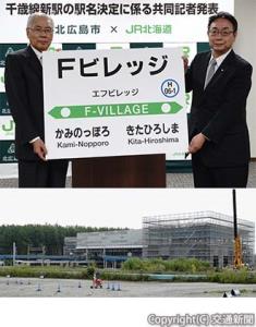 ㊤駅名標のボードを掲げる綿貫社長（右）と上野市長㊦新駅の建設工事現場