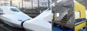 ㊤先頭号車の先頭部同士を連結した実演㊦ドクターイエローの車体の一部＝イメージ＝（ＪＲ東海提供） 