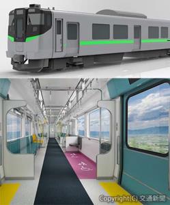 ７３９系３０００番代の㊤外観㊦普通車車内のイメージ（いずれもＪＲ北海道提供）