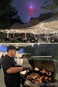 ㊤東京タワーのお膝元という抜群のロケーションは他の施設と一線を画する㊦ふた付き電気グリルは塊肉や丸ごと野菜をジューシーに焼き上げる