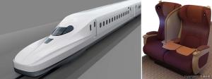 ㊧Ｓ０系の外観イメージ。青帯などのデザインは今後決定する㊨グリーン車のパーティション座席＝イメージ＝（ＪＲ東海提供）