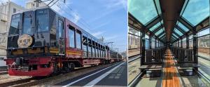 新たなトロッコ列車の㊤外観（写真の先頭は４号車）と㊦開放的な客室空間